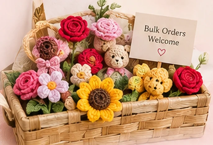Crate of crochet flowers and teddy bears for bulk orders