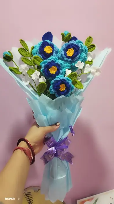 Handmade crochet blue flower bouquet in blue