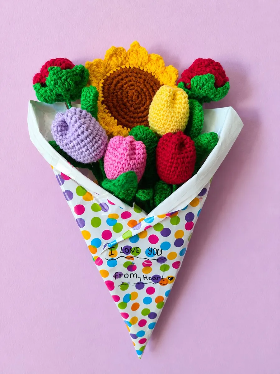Handmade crochet tulip & sunflower bouquet in multicolour