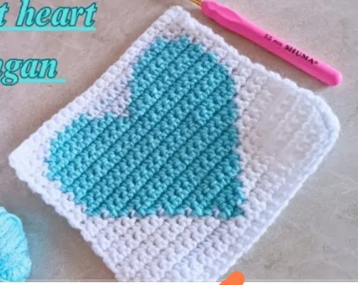 Handmade crochet heart coaster in aqua & white