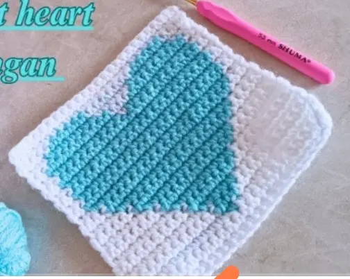 Handmade crochet heart coaster in aqua & white