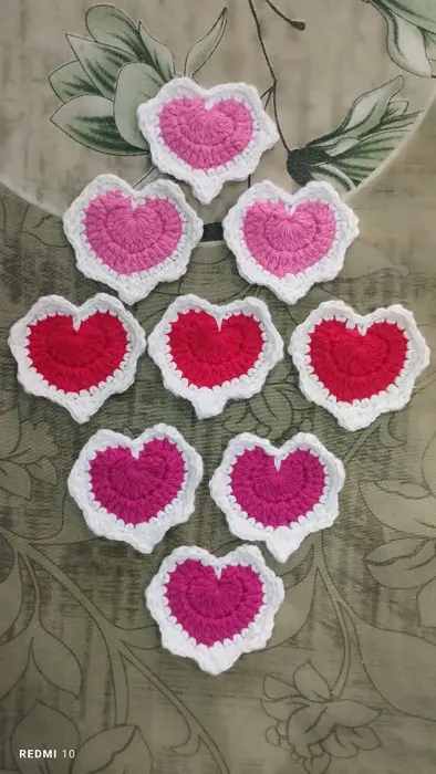 Handmade crochet heart patches in pink, red & white