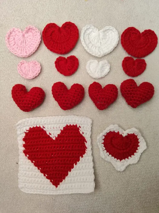 Handmade crochet heart set in red, pink & white