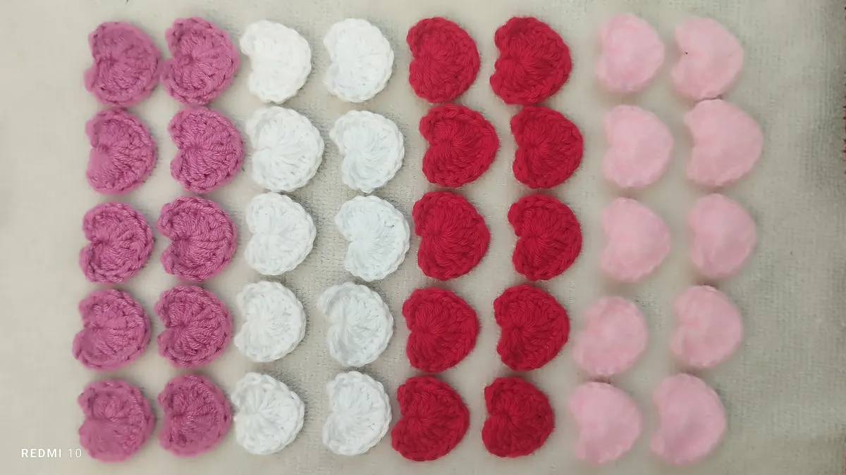 Handmade crochet mini hearts in pink, white & red
