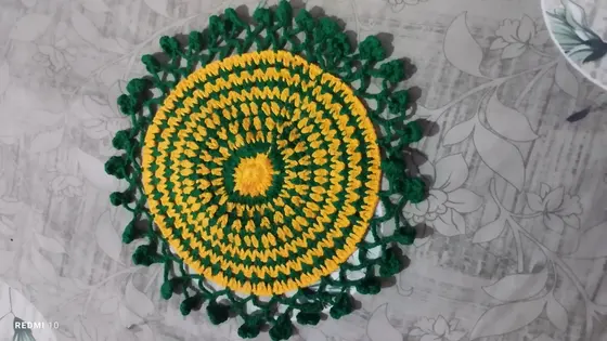 Handmade crochet round doily mat in yellow & green