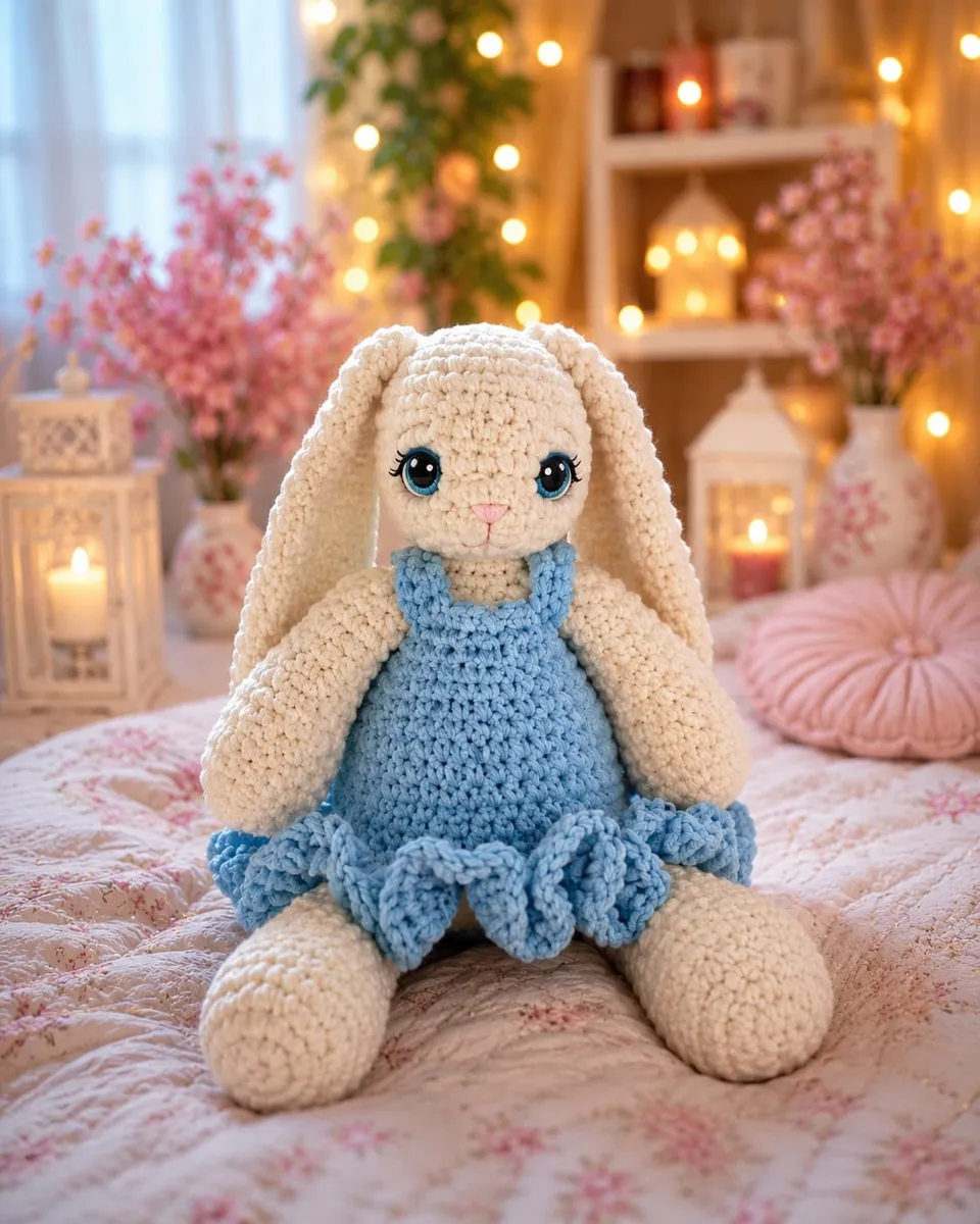 Handmade crochet bunny doll in cream & blue