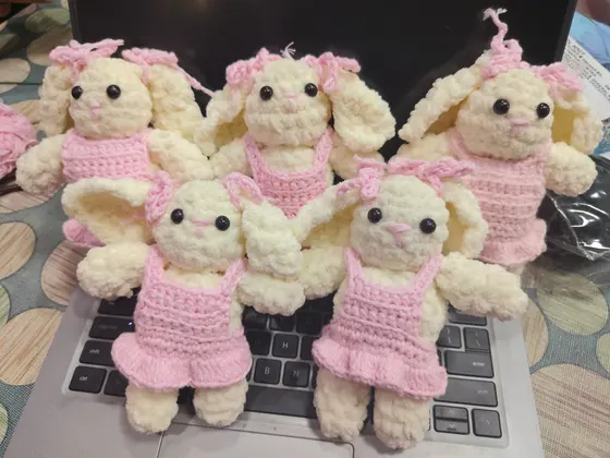 Handmade crochet bunny dolls in cream & pink