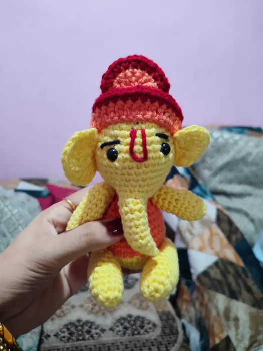 Handmade crochet ganesha doll in yellow & red