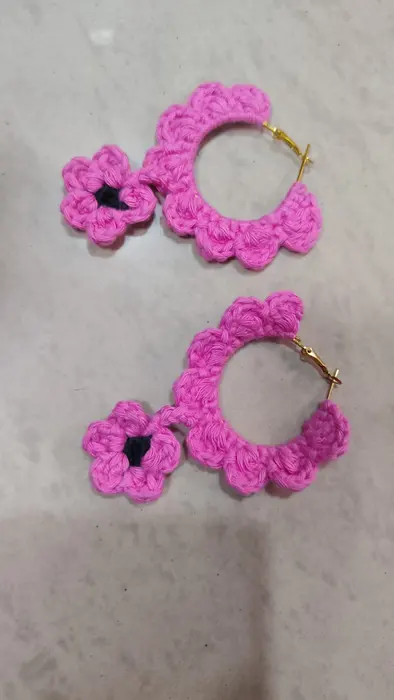 Handmade crochet flower hoop earrings in pink