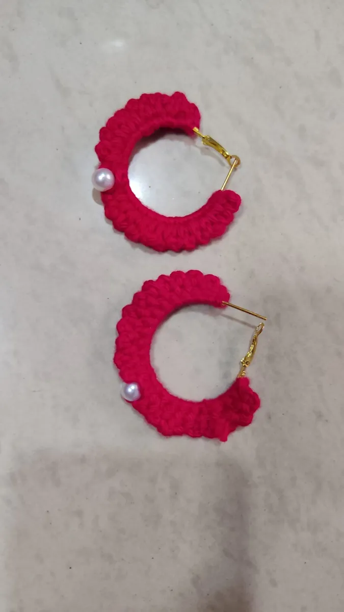 Handmade crochet pearl hoop earrings in red & pearl