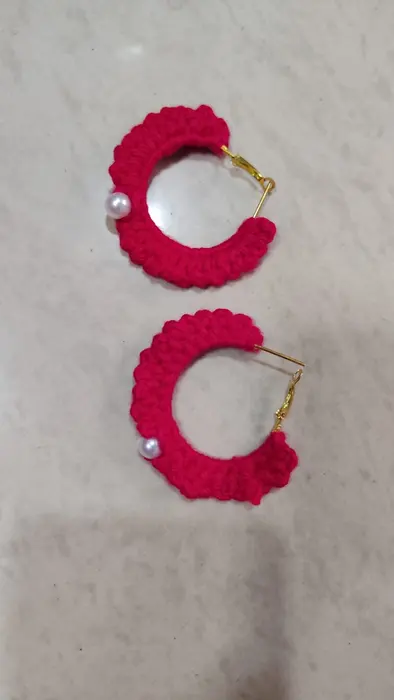 Handmade crochet pearl hoop earrings in red & pearl