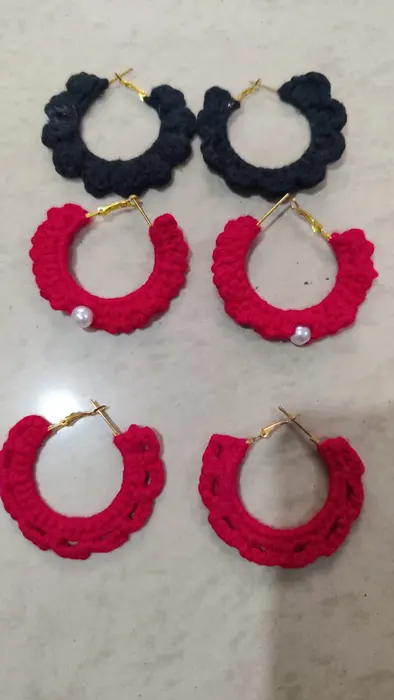 Handmade crochet hoop earrings in navy blue & red
