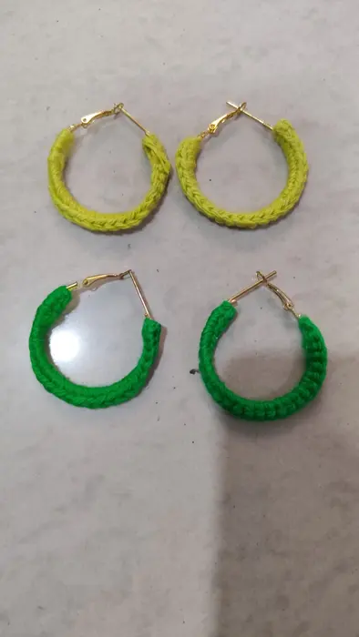 Handmade crochet hoop earrings in yellow & green