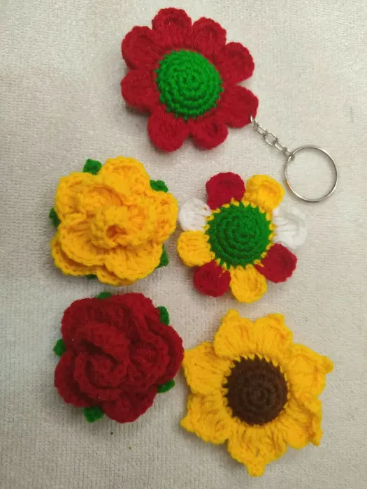 Handmade crochet layered flowers in red & yellow