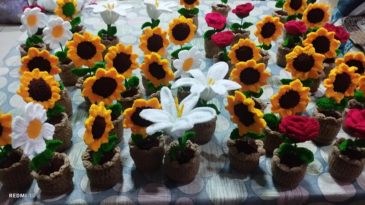 Handmade crochet potted flowers in yellow & white