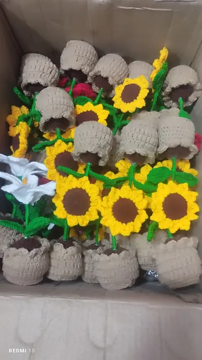Handmade crochet potted sunflowers in yellow & brown
