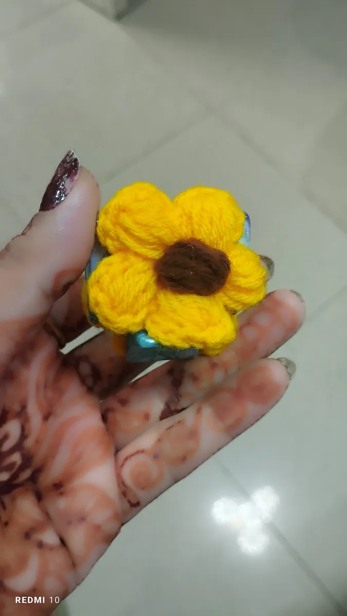 Handmade crochet sunflower in yellow & brown