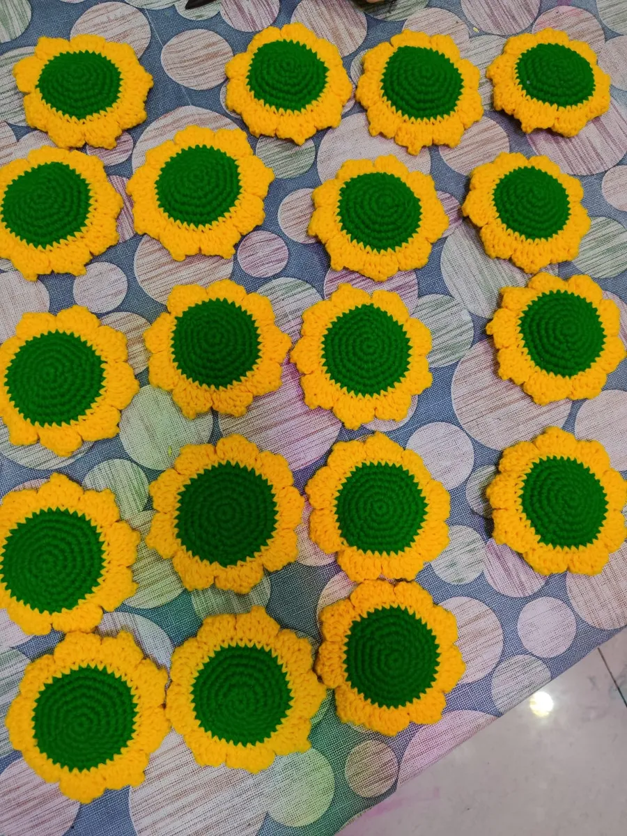 Handmade crochet sunflowers in yellow & green