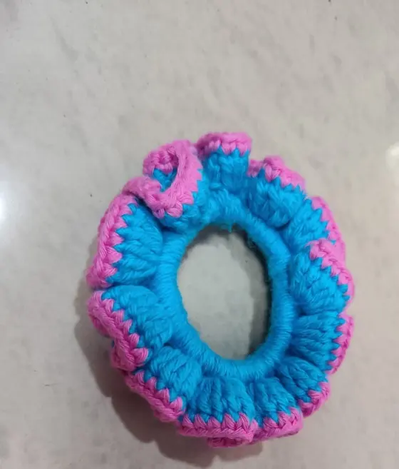 Handmade crochet scrunchie in blue & pink