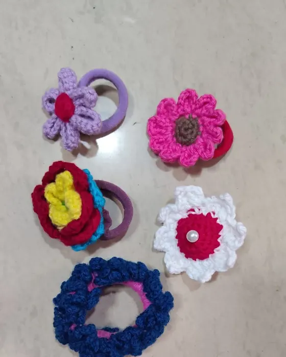 Handmade crochet scrunchies & flower hair ties in multicolour