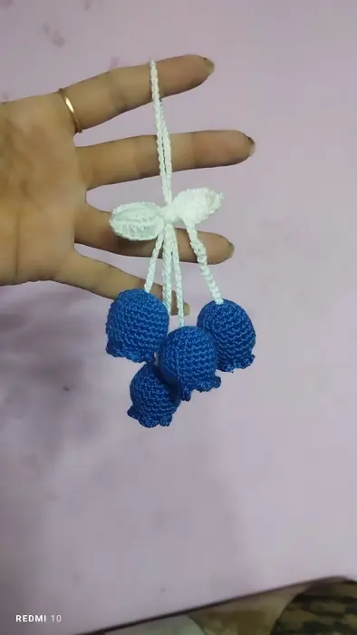 Handmade crochet bluebell hanging charm in blue & white