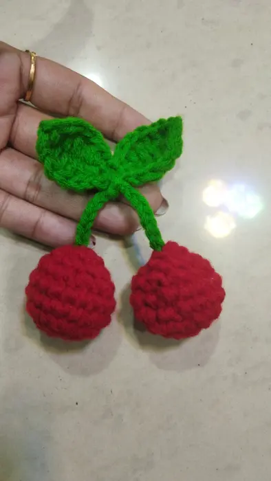 Handmade crochet cherry keychain in red & green