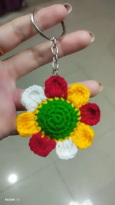 Handmade crochet flower keychain in multicolour