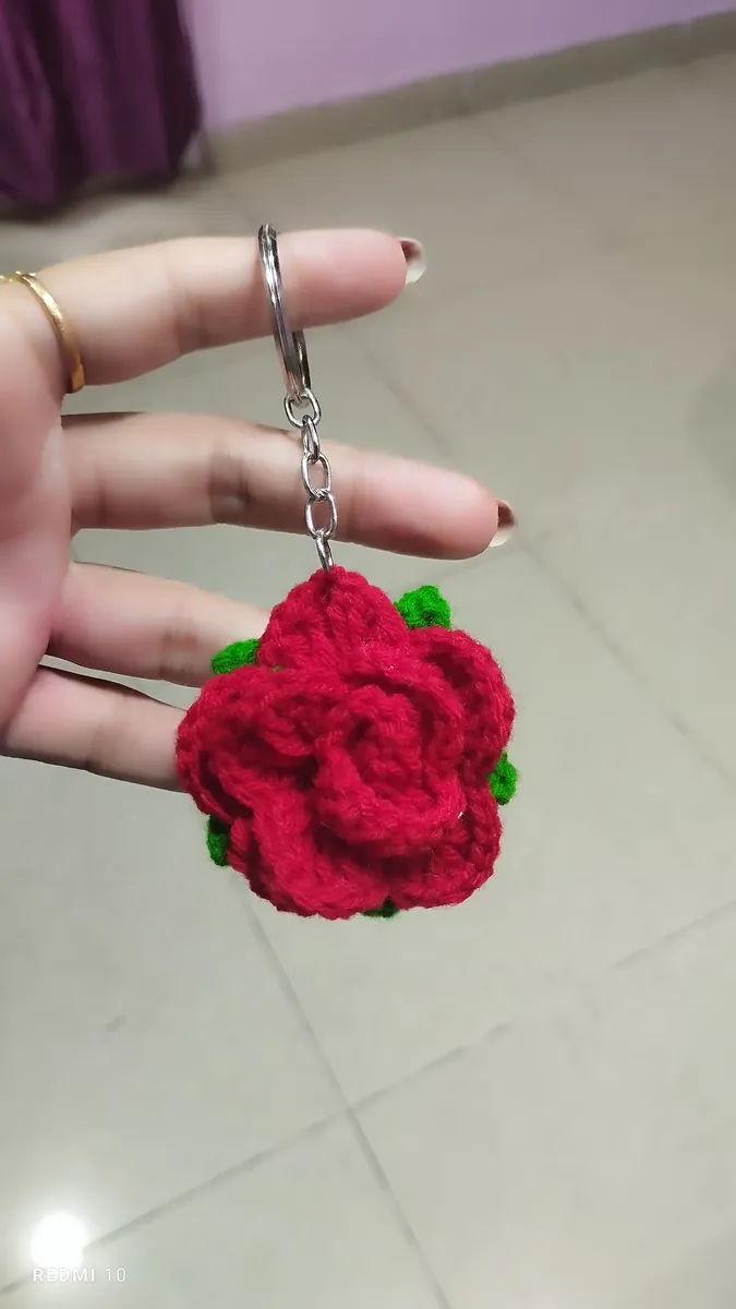 Handmade crochet rose keychain in red