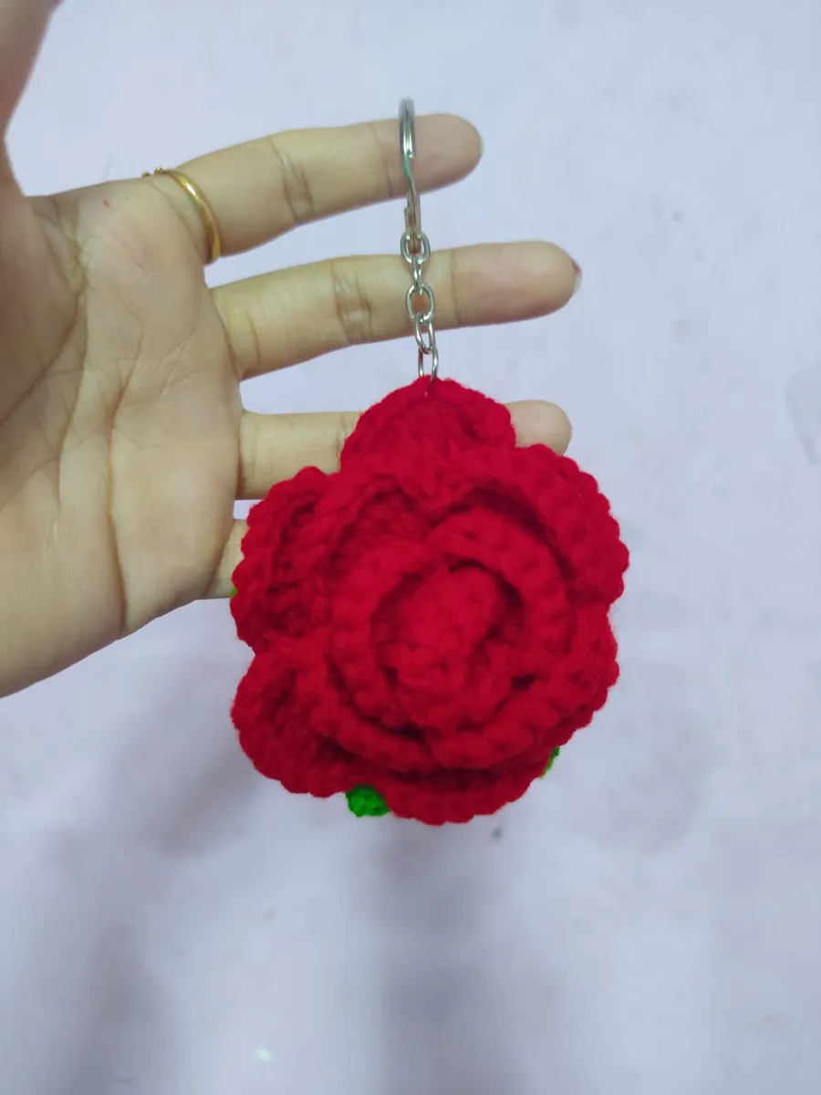 Handmade crochet rose keychain in red