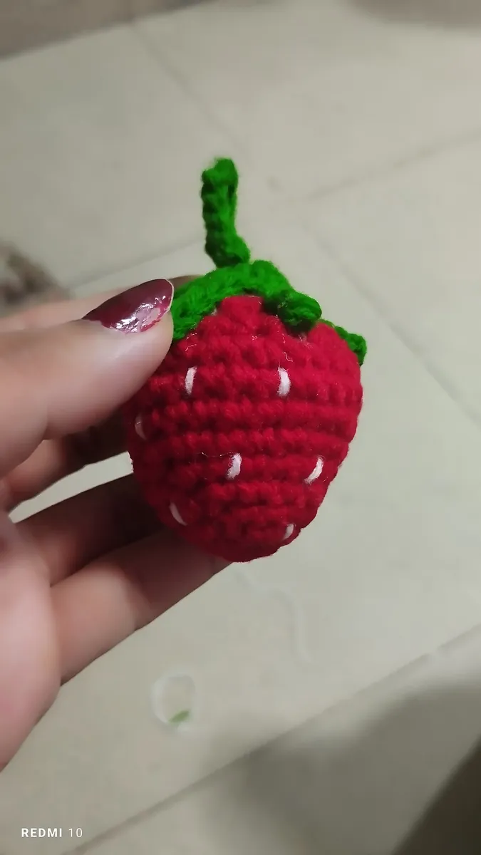 Handmade crochet strawberry keychain in red & green