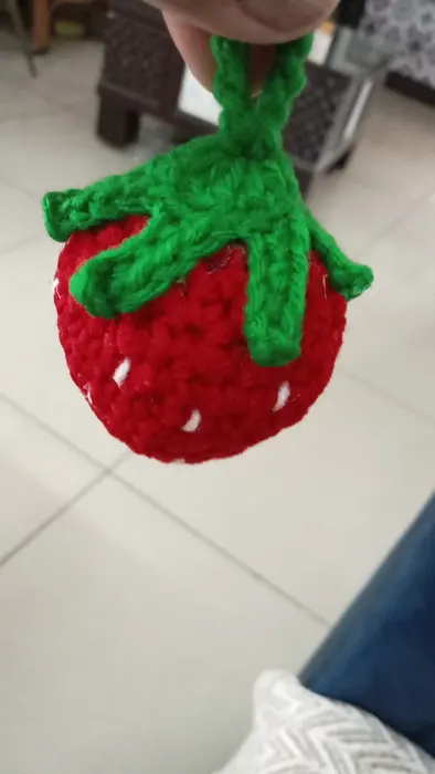 Handmade crochet strawberry keychain in red & green