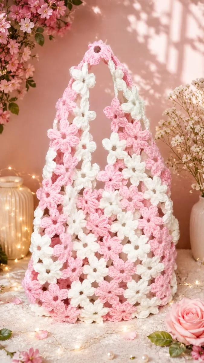 Handmade crochet flower net tote in pink & white