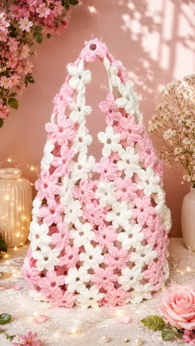 Handmade crochet flower net tote in pink & white
