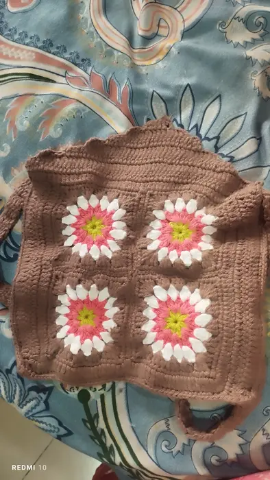 Handmade crochet granny square bag in brown & pink