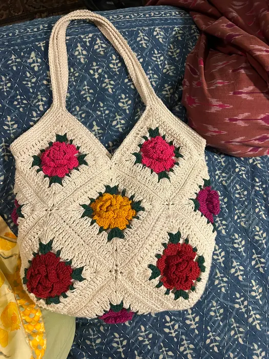 Handmade crochet granny square tote in cream & red
