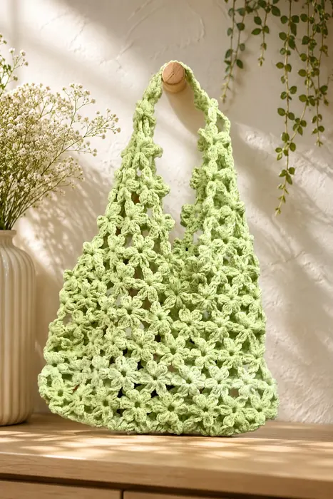 Handmade crochet net tote bag in lime green