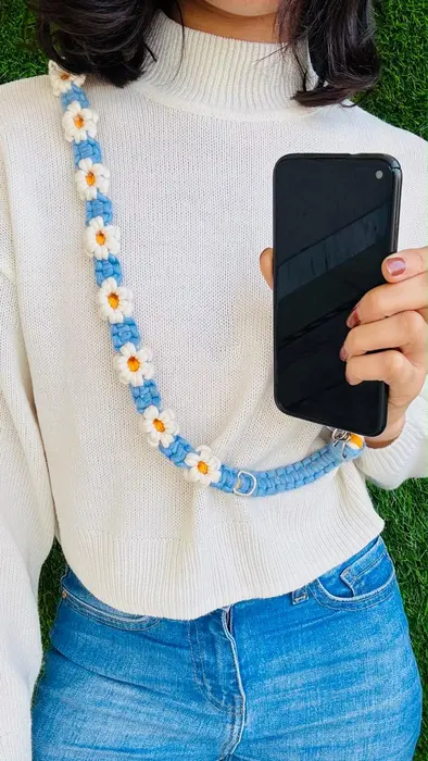 Handmade crochet phone sling strap in blue & white