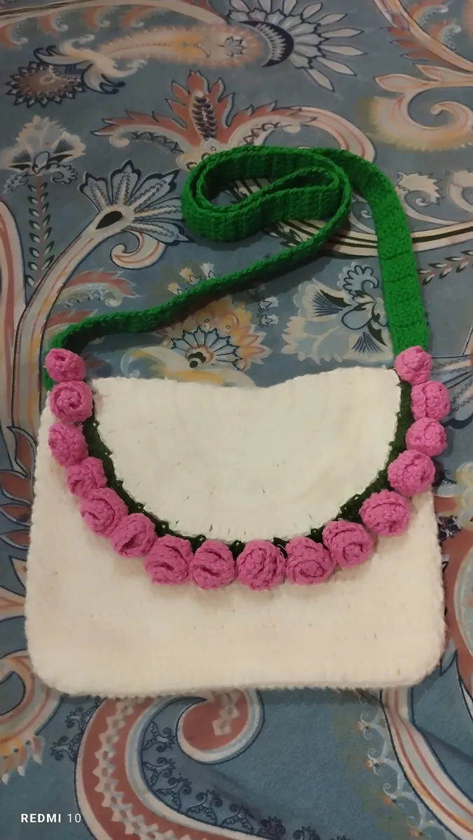 Handmade crochet rose sling bag in cream, pink & green