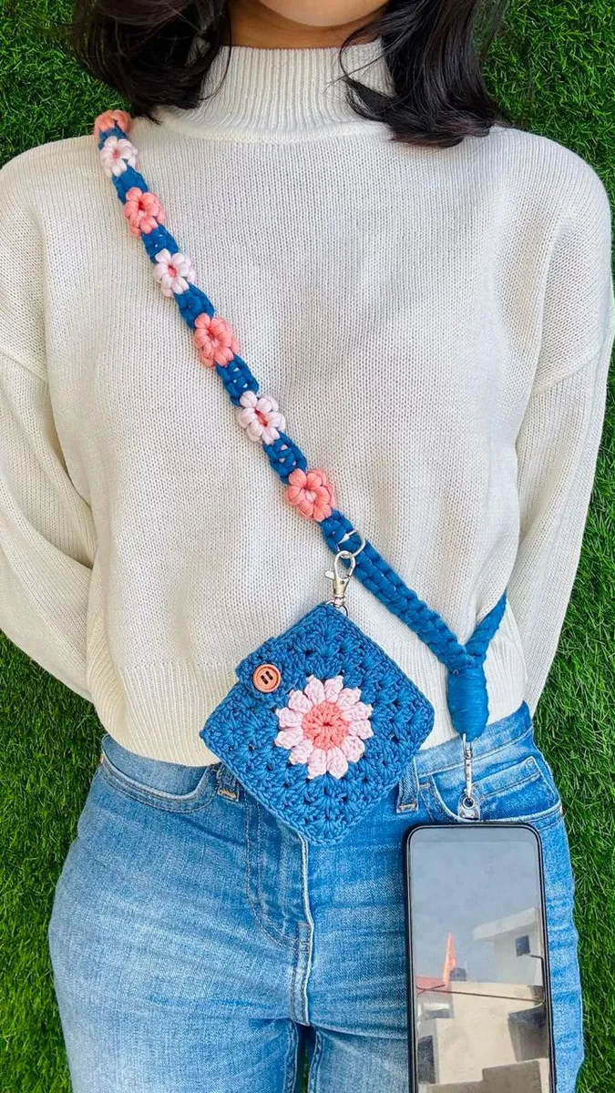 Handmade crochet sling phone pouch in blue & peach