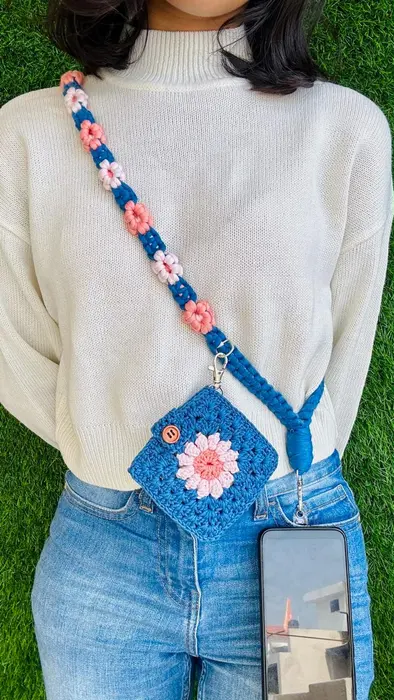 Handmade crochet sling phone pouch in blue & peach