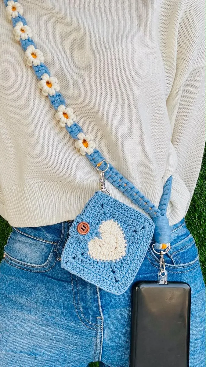 Handmade crochet sling phone pouch in blue & white
