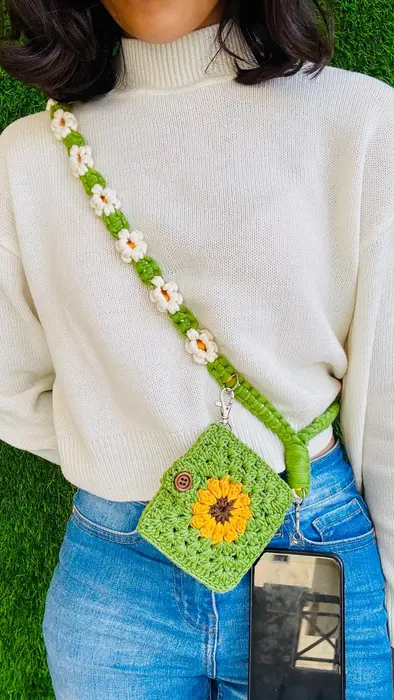Handmade crochet sling phone pouch in green & yellow