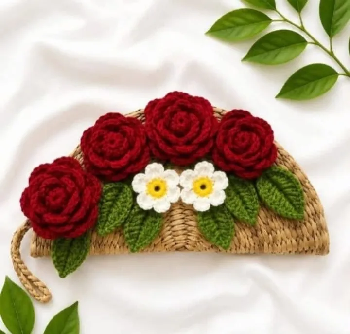 Handmade crochet straw clutch with roses in natural straw, red & white