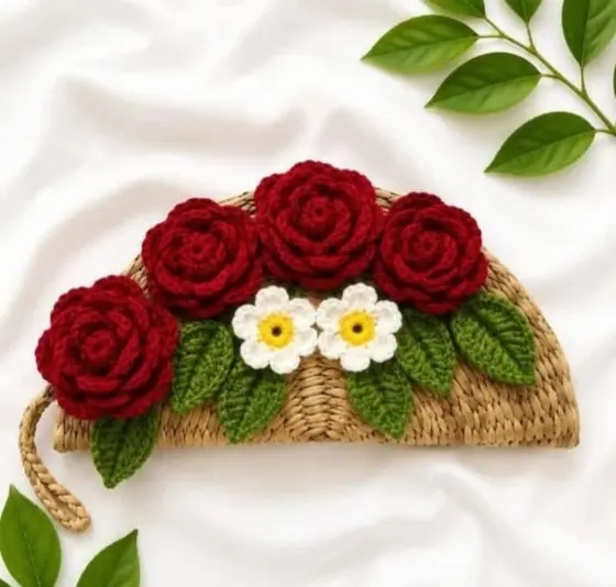 Handmade crochet straw clutch with roses in natural straw, red & white