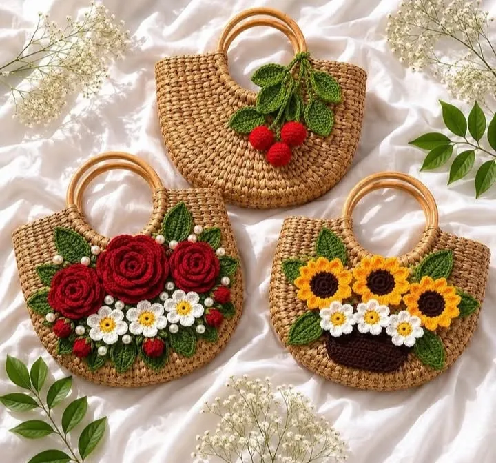 Handmade crochet straw bags with flowers in natural straw, red & yellow