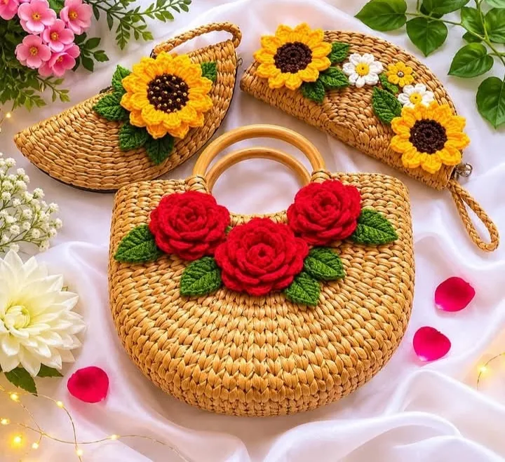 Handmade crochet straw bags with flowers in natural straw, red & yellow