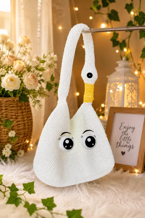 Handmade crochet swan shoulder bag in white
