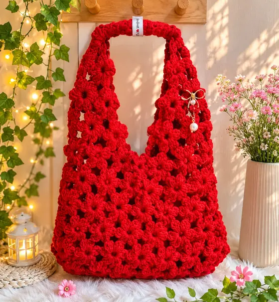 Handmade crochet tote bag in red