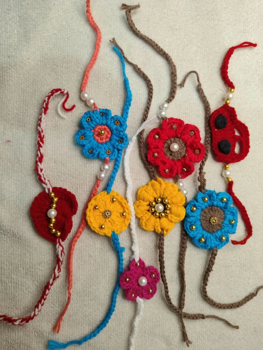 Handmade crochet rakhis with flowers and beads