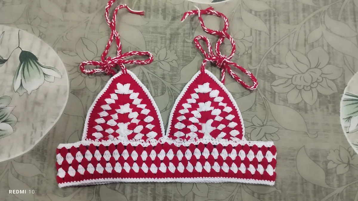 Handmade crochet bralette top in red & white